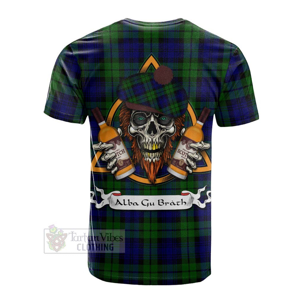 Tartan Vibes Clothing Bannatyne Tartan Cotton T-shirt with Family Crest and Bearded Skull Holding Bottles of Whiskey