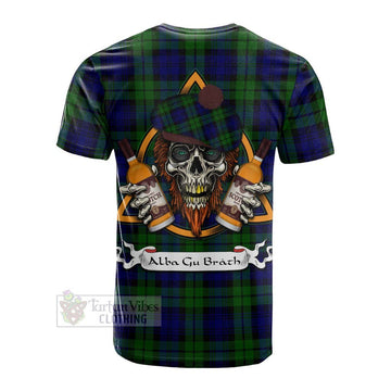 Tartan Vibes Clothing Bannatyne Tartan Cotton T-shirt with Family Crest and Bearded Skull Holding Bottles of Whiskey