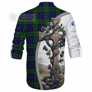 Tartan Vibes Clothing Bannatyne Tartan Ghillie Kilt Shirt with Family Crest and St. Andrew's Cross Accented by Thistle Vines