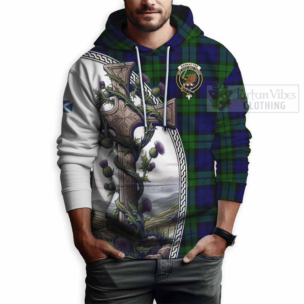 Tartan Vibes Clothing Bannatyne Tartan Hoodie with Family Crest and St. Andrew's Cross Accented by Thistle Vines