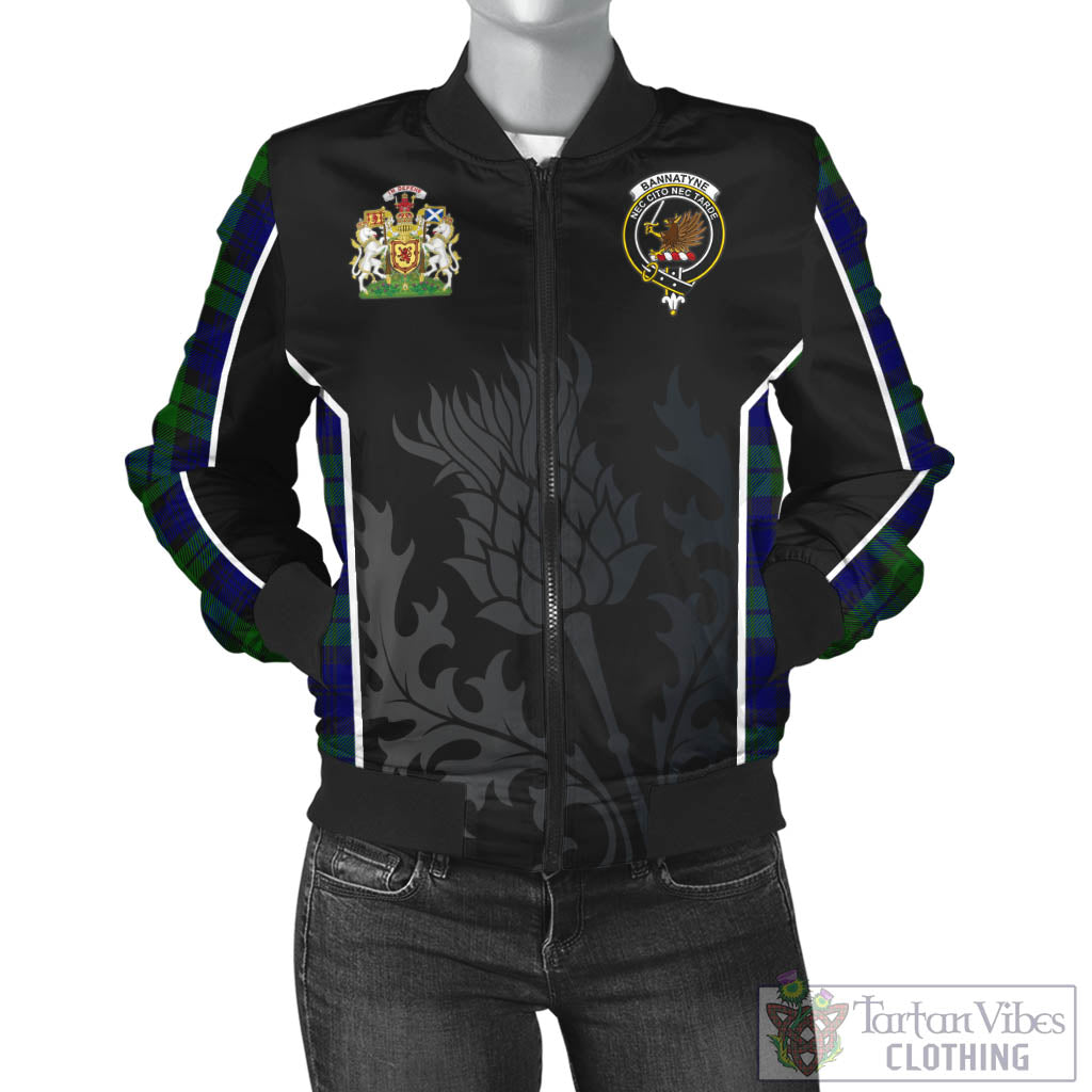 Tartan Vibes Clothing Bannatyne Tartan Bomber Jacket with Family Crest and Scottish Thistle Vibes Sport Style