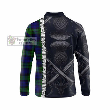 Tartan Vibes Clothing Bannatyne Tartan Long Sleeve Polo Shirt with Family Crest Cross Sword Thistle Celtic Vibes