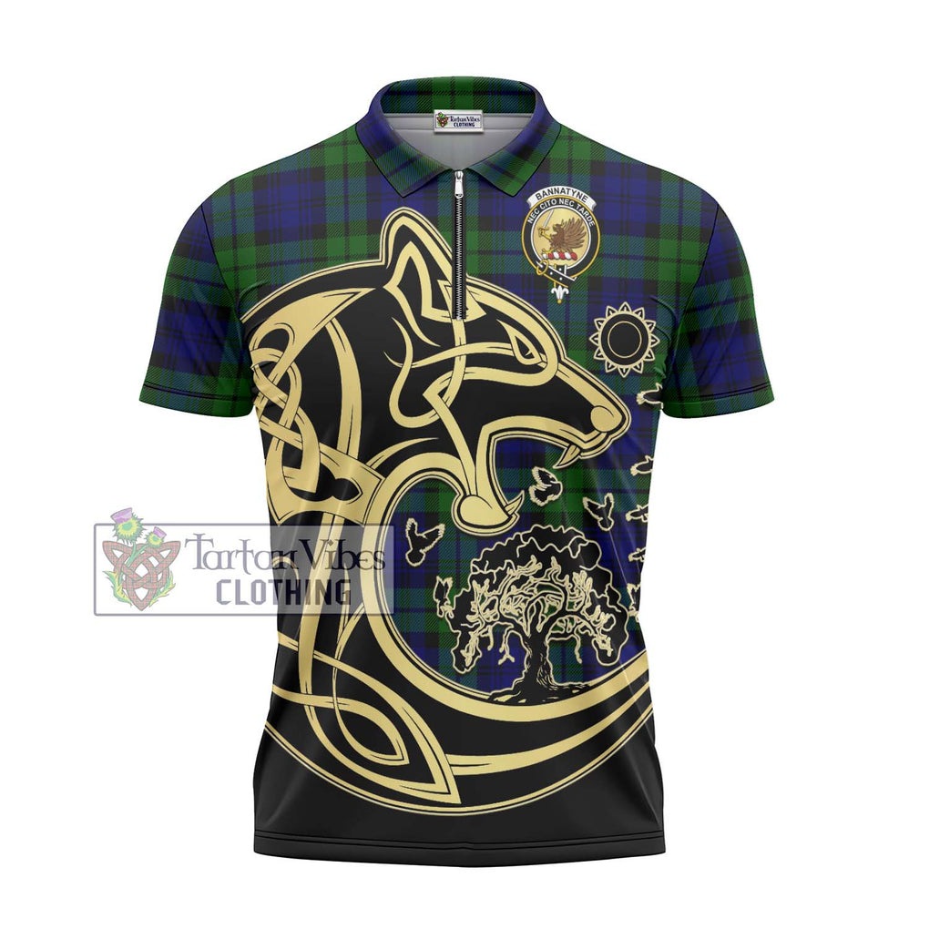 Bannatyne Tartan Zipper Polo Shirt with Family Crest Celtic Wolf Style - Tartanvibesclothing Shop