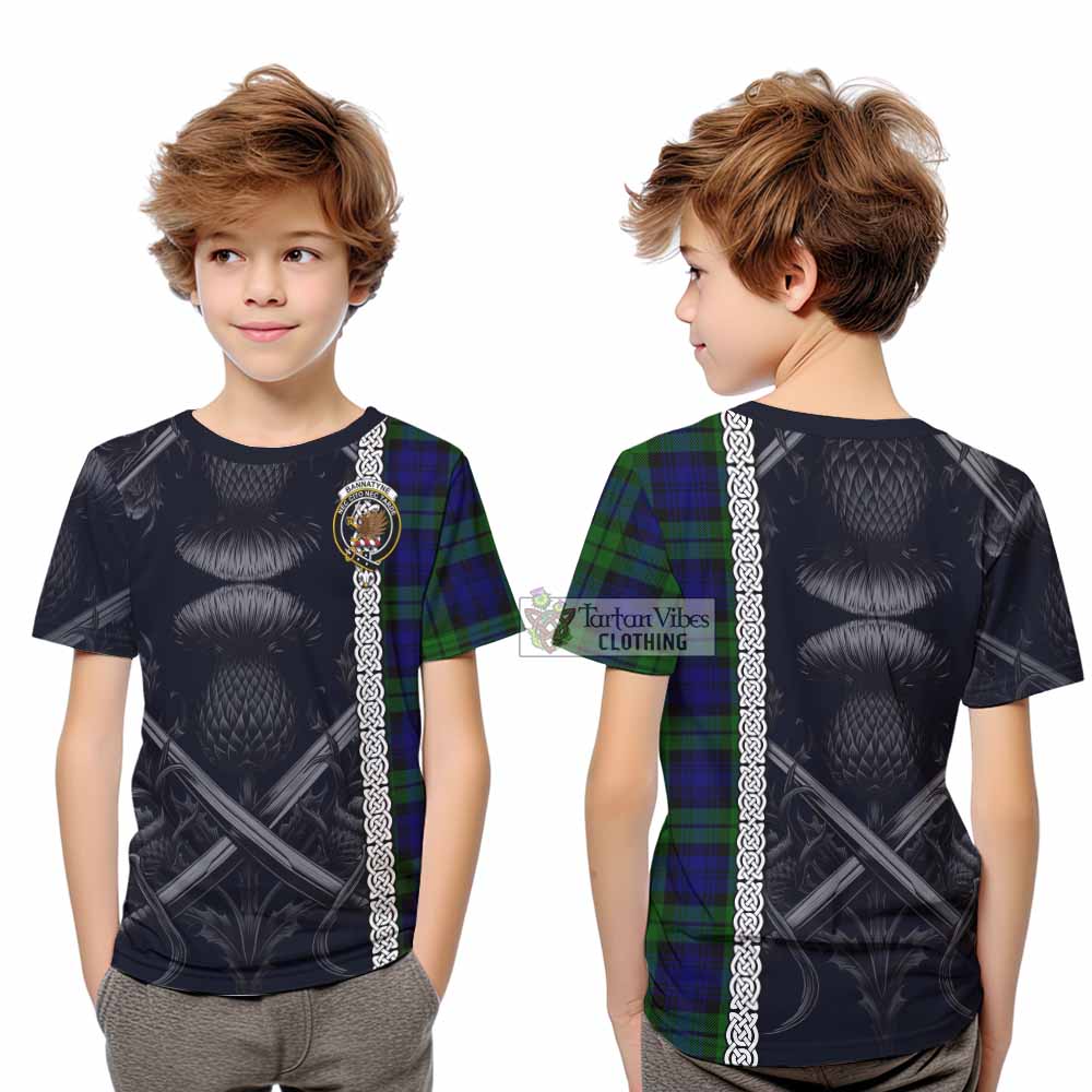 Tartan Vibes Clothing Bannatyne Tartan Kid T-Shirt with Family Crest Cross Sword Thistle Celtic Vibes