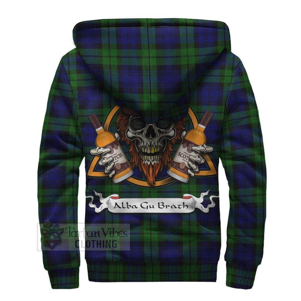 Tartan Vibes Clothing Bannatyne Tartan Sherpa Hoodie with Family Crest and Bearded Skull Holding Bottles of Whiskey