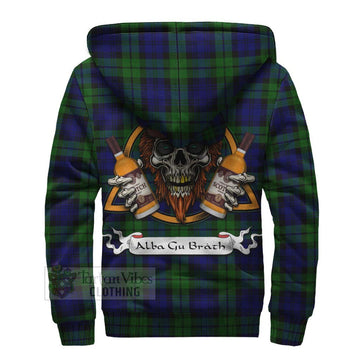 Tartan Vibes Clothing Bannatyne Tartan Sherpa Hoodie with Family Crest and Bearded Skull Holding Bottles of Whiskey