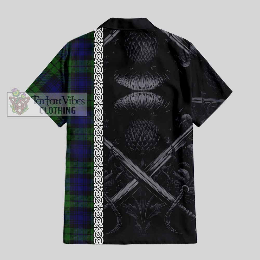 Tartan Vibes Clothing Bannatyne Tartan Short Sleeve Button Shirt with Family Crest Cross Sword Thistle Celtic Vibes
