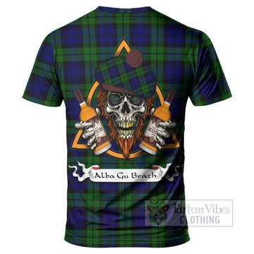 Tartan Vibes Clothing Bannatyne Tartan T-Shirt with Family Crest and Bearded Skull Holding Bottles of Whiskey