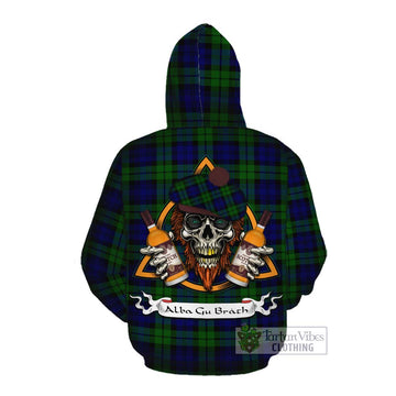 Tartan Vibes Clothing Bannatyne Tartan Cotton Hoodie with Family Crest and Bearded Skull Holding Bottles of Whiskey