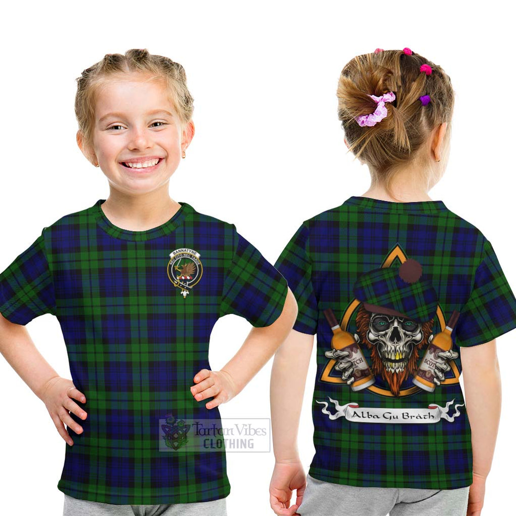 Tartan Vibes Clothing Bannatyne Tartan Kid T-Shirt with Family Crest and Bearded Skull Holding Bottles of Whiskey