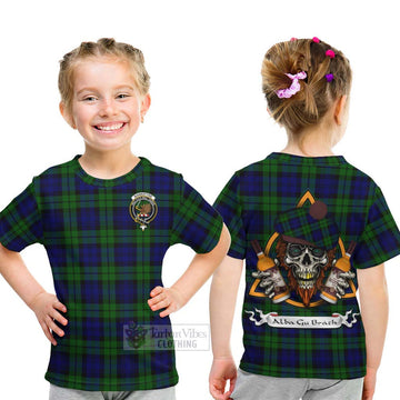 Tartan Vibes Clothing Bannatyne Tartan Kid T-Shirt with Family Crest and Bearded Skull Holding Bottles of Whiskey