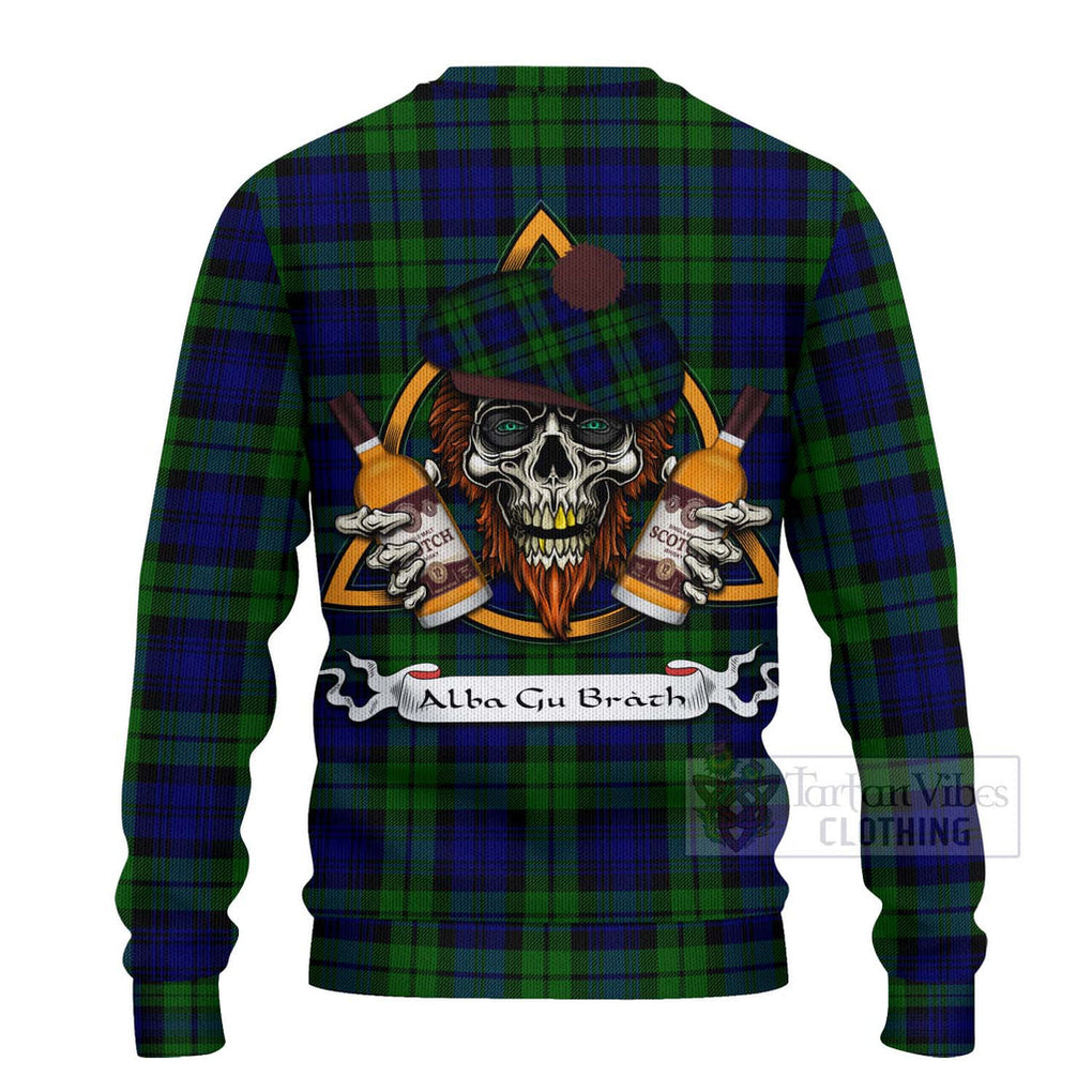 Tartan Vibes Clothing Bannatyne Tartan Knitted Sweater with Family Crest and Bearded Skull Holding Bottles of Whiskey