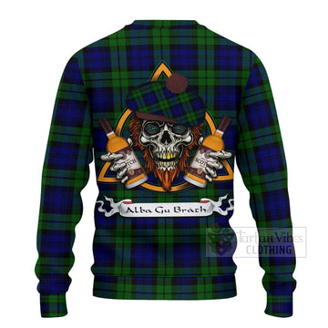 Tartan Vibes Clothing Bannatyne Tartan Knitted Sweater with Family Crest and Bearded Skull Holding Bottles of Whiskey