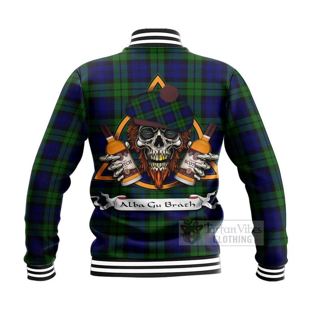 Tartan Vibes Clothing Bannatyne Tartan Baseball Jacket with Family Crest and Bearded Skull Holding Bottles of Whiskey