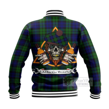 Tartan Vibes Clothing Bannatyne Tartan Baseball Jacket with Family Crest and Bearded Skull Holding Bottles of Whiskey