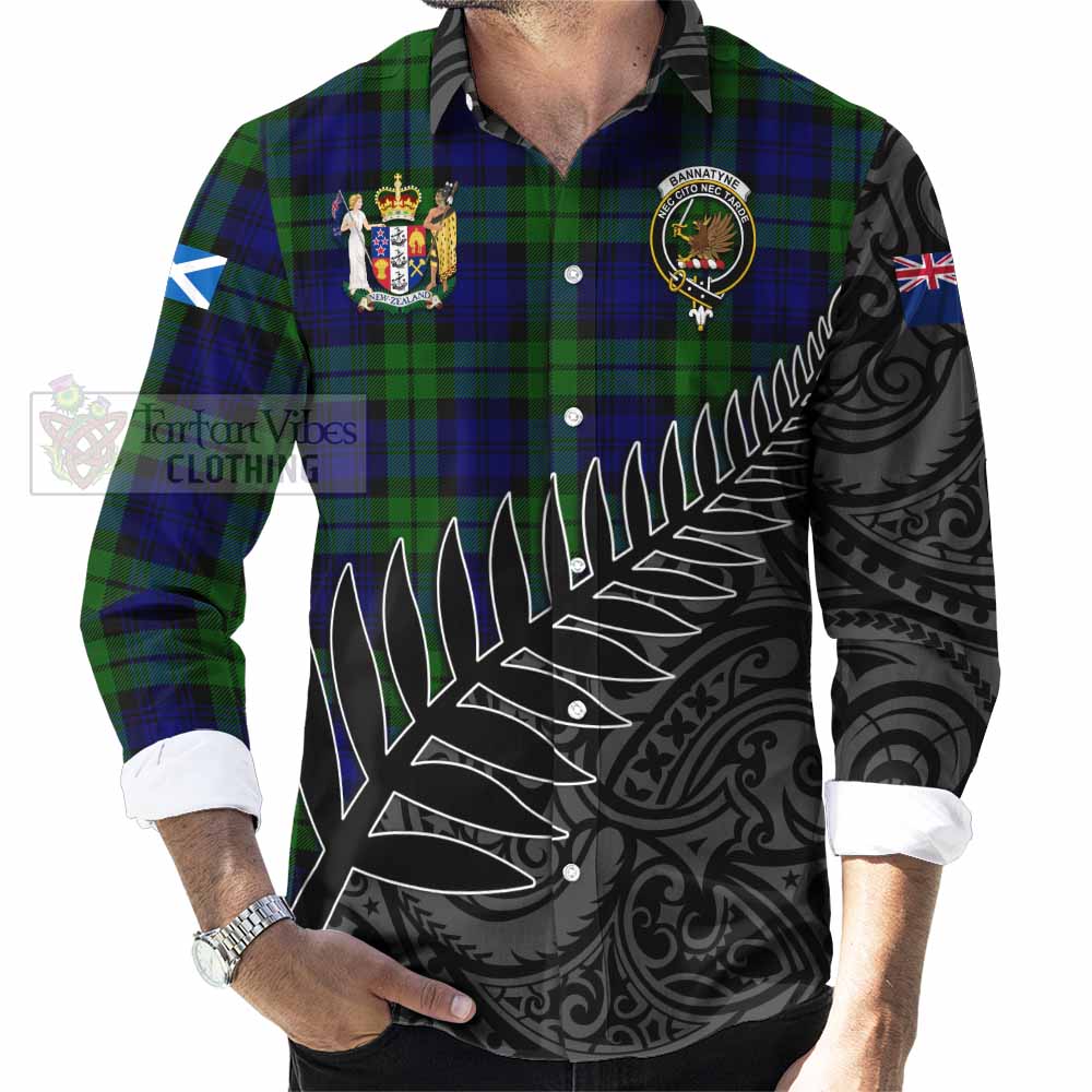 Tartan Vibes Clothing Bannatyne Crest Tartan Long Sleeve Button Shirt with New Zealand Silver Fern Half Style