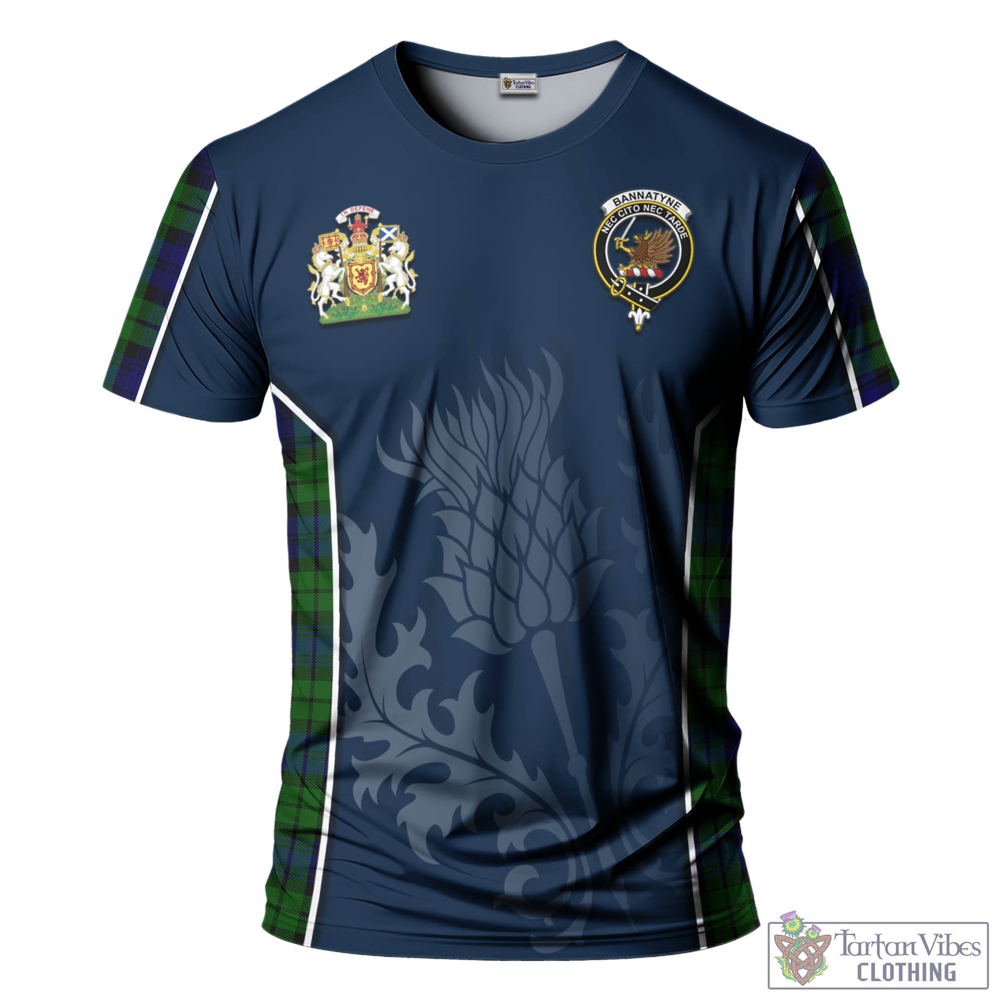 Tartan Vibes Clothing Bannatyne Tartan T-Shirt with Family Crest and Scottish Thistle Vibes Sport Style