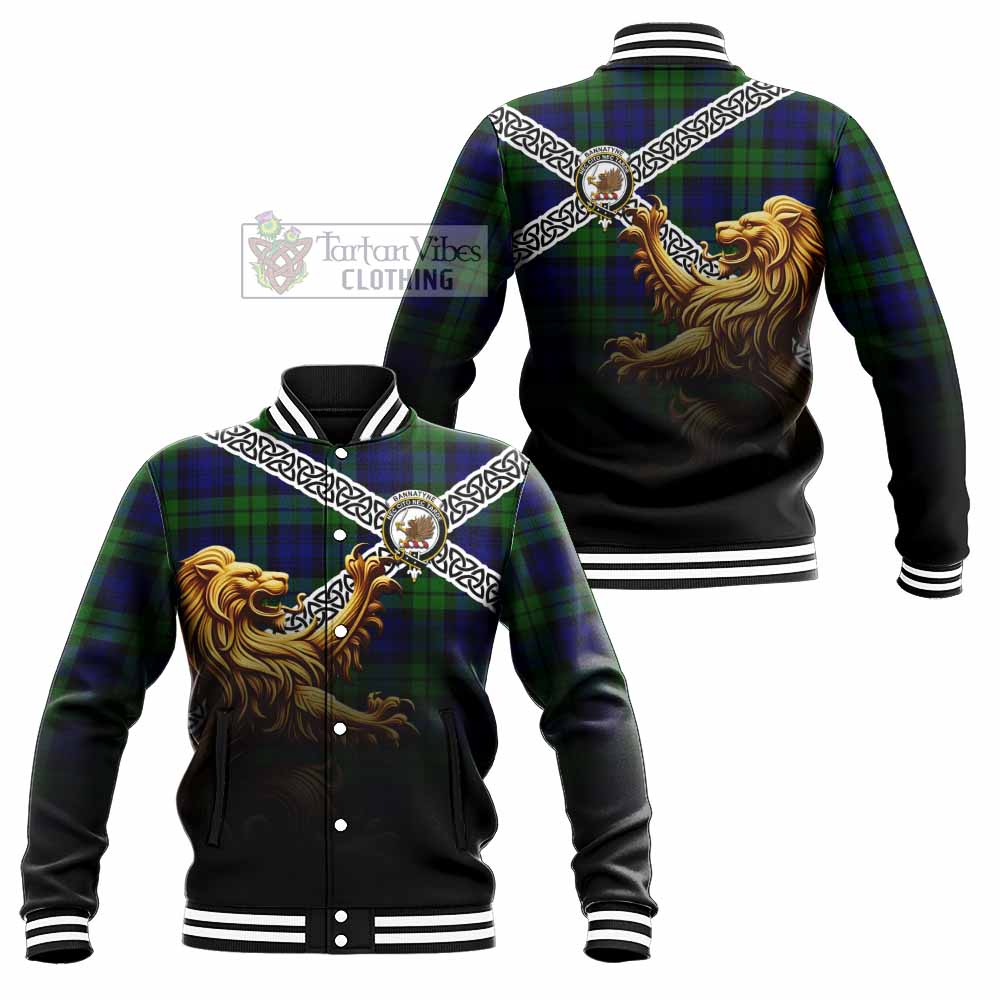 Tartan Vibes Clothing Bannatyne Crest Tartan Baseball Jacket with Golden Lion Emblem Celtic Style
