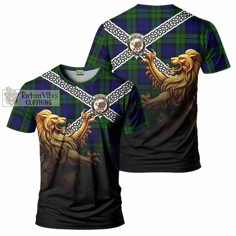 Tartan Vibes Clothing Bannatyne Crest Tartan T-Shirt with Golden Lion Emblem Celtic Style