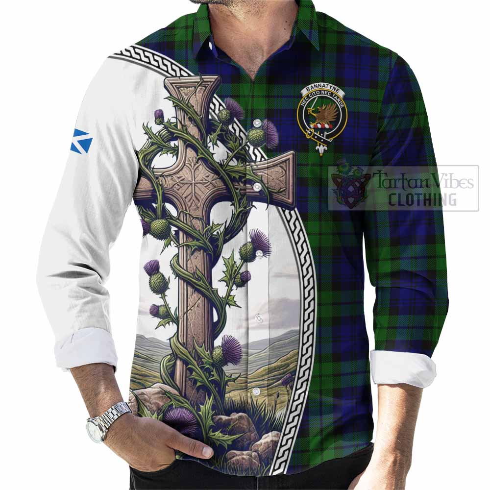 Tartan Vibes Clothing Bannatyne Tartan Long Sleeve Button Shirt with Family Crest and St. Andrew's Cross Accented by Thistle Vines