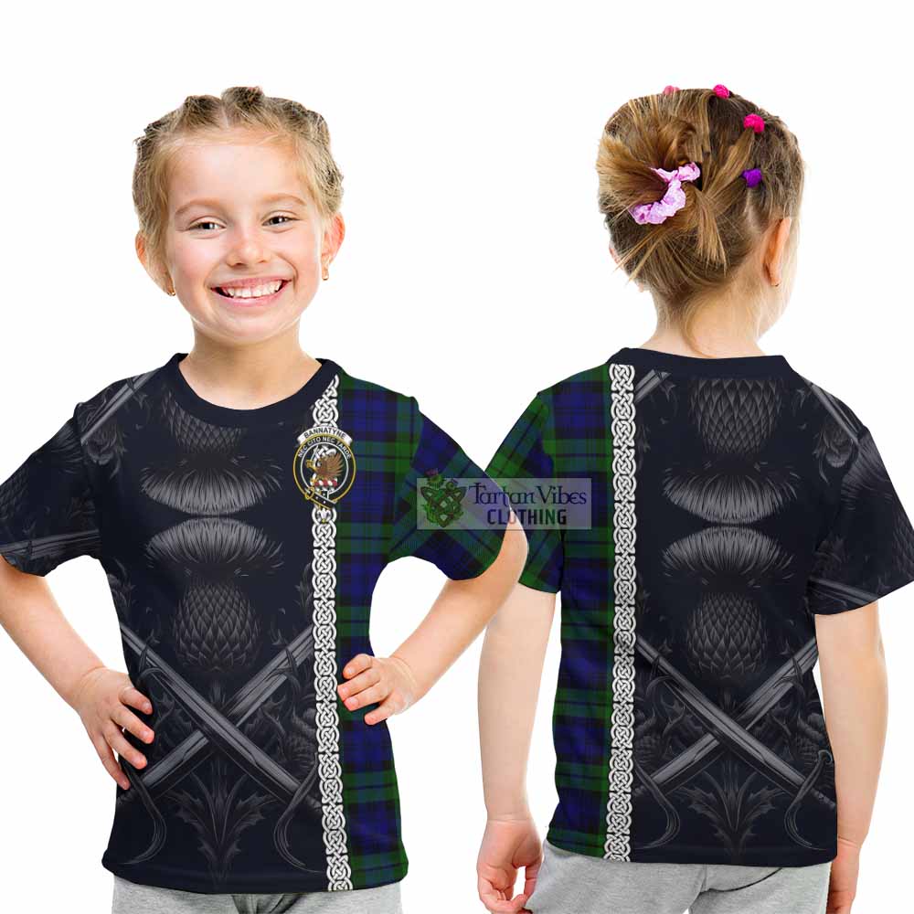 Tartan Vibes Clothing Bannatyne Tartan Kid T-Shirt with Family Crest Cross Sword Thistle Celtic Vibes