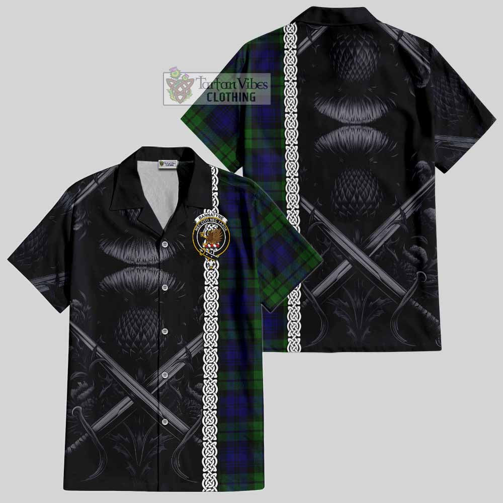 Tartan Vibes Clothing Bannatyne Tartan Short Sleeve Button Shirt with Family Crest Cross Sword Thistle Celtic Vibes