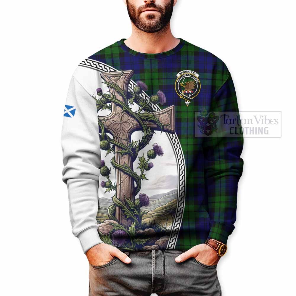 Tartan Vibes Clothing Bannatyne Tartan Sweatshirt with Family Crest and St. Andrew's Cross Accented by Thistle Vines