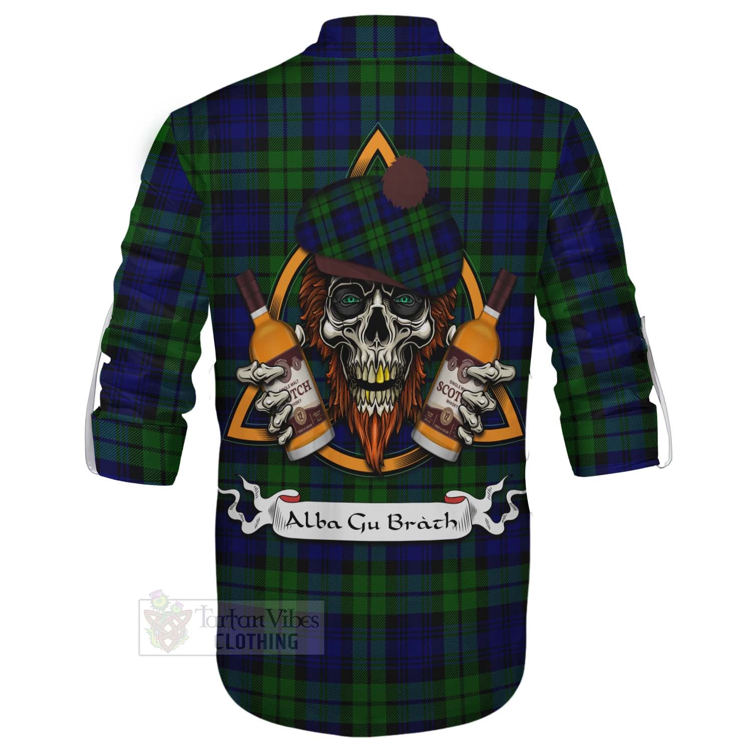 Tartan Vibes Clothing Bannatyne Tartan Ghillie Kilt Shirt with Family Crest and Bearded Skull Holding Bottles of Whiskey