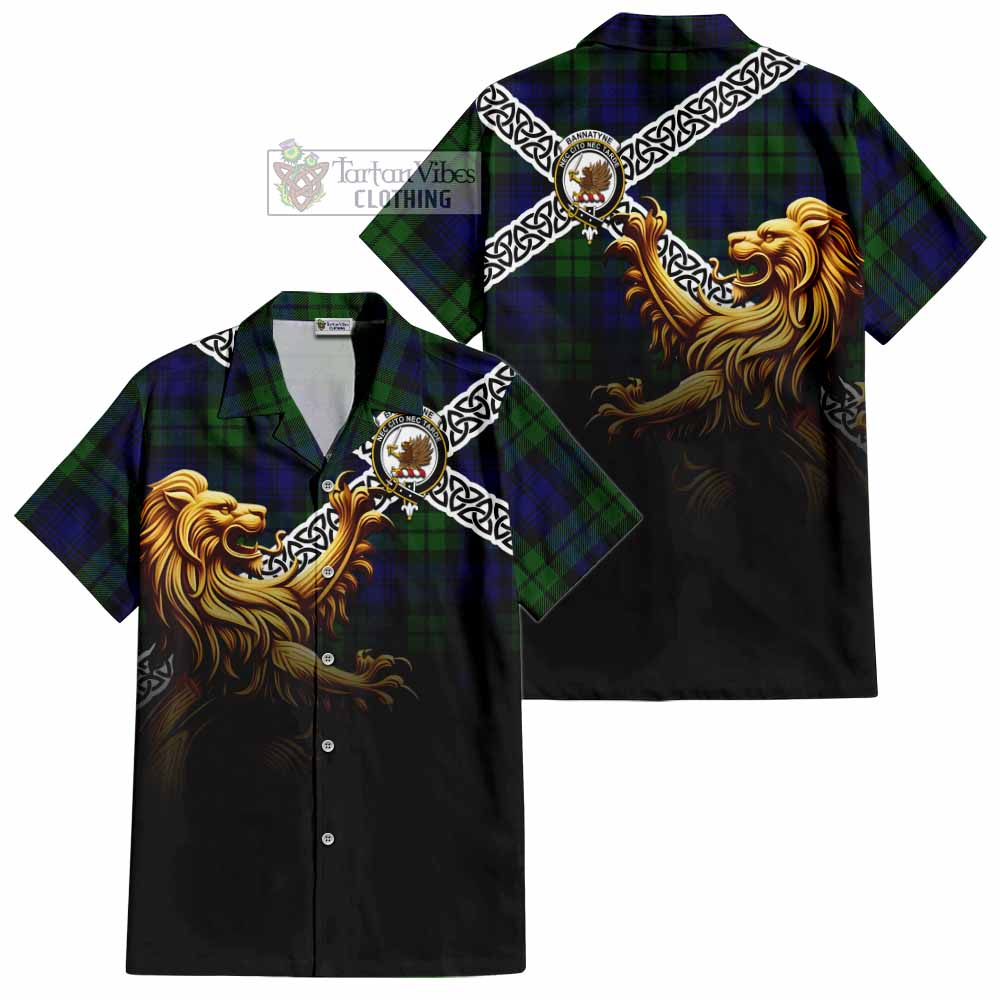 Tartan Vibes Clothing Bannatyne Crest Tartan Short Sleeve Button Shirt with Golden Lion Emblem Celtic Style