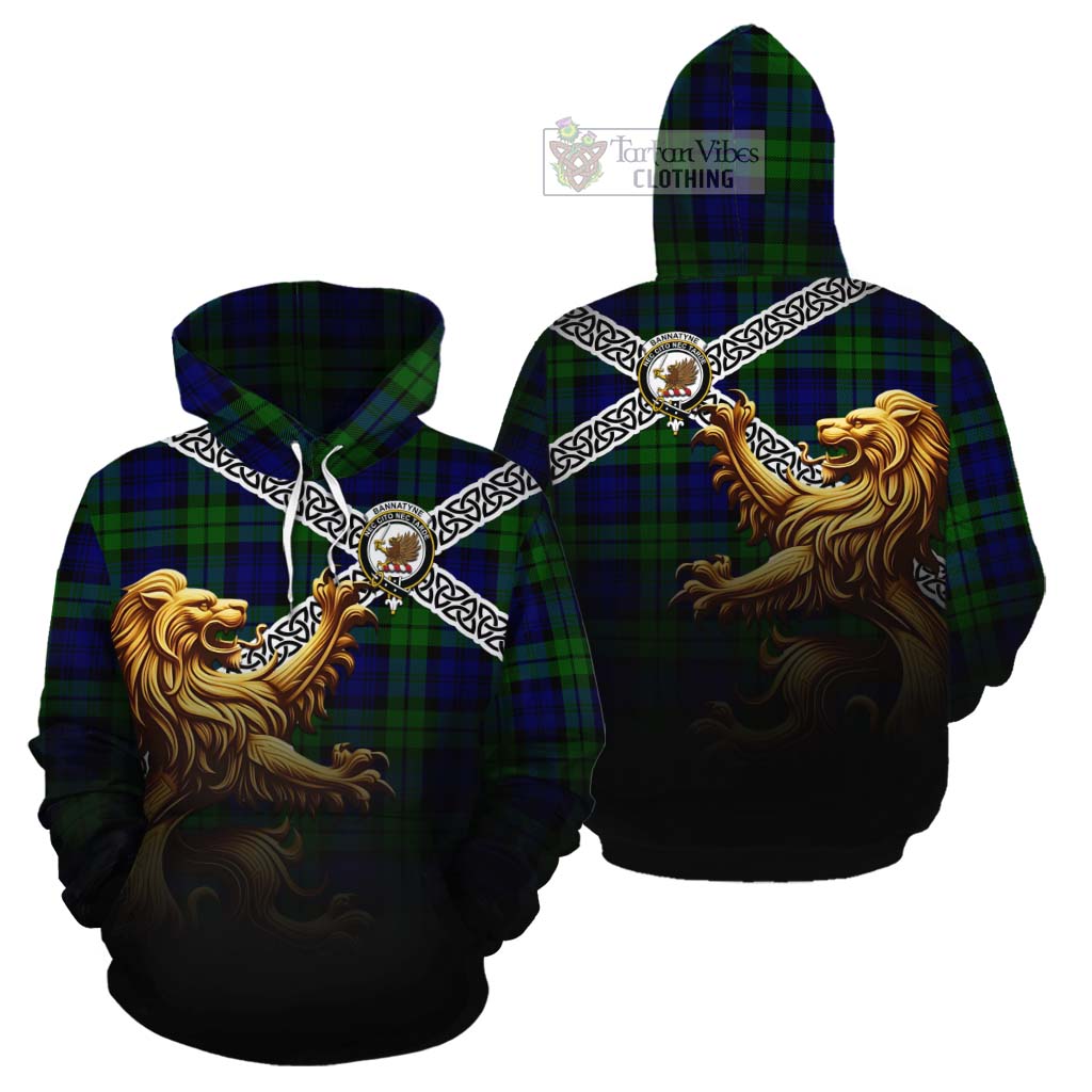Tartan Vibes Clothing Bannatyne Crest Tartan Cotton Hoodie with Golden Lion Emblem Celtic Style