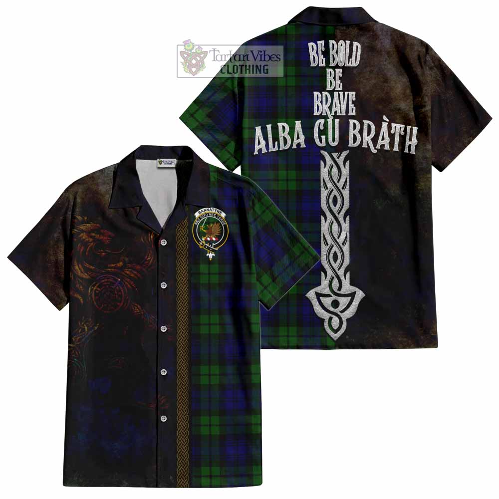 Tartan Vibes Clothing Bannatyne Tartan Family Crest Short Sleeve Button Shirt Alba Gu Brath Be Brave Lion Ancient Style