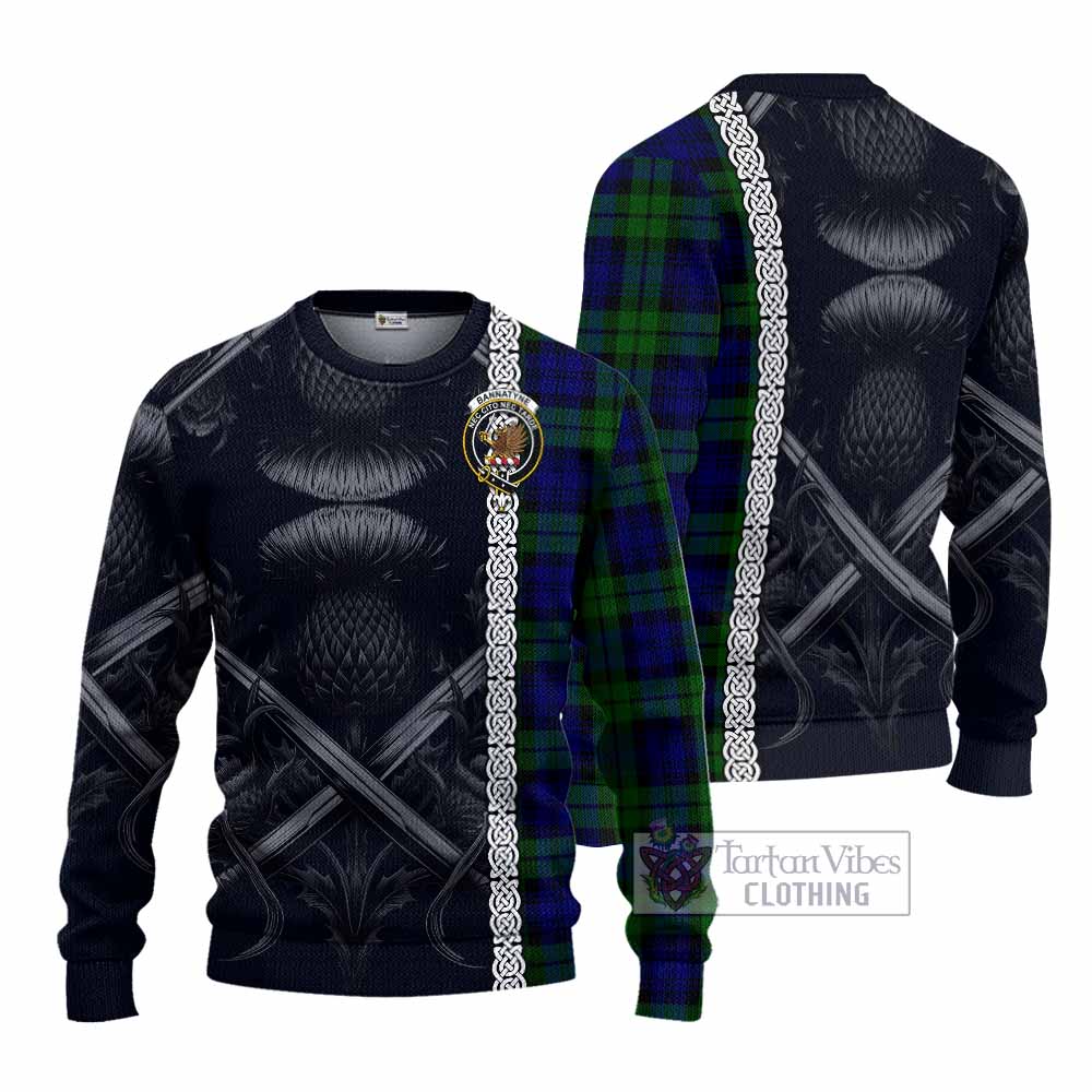 Tartan Vibes Clothing Bannatyne Tartan Knitted Sweater with Family Crest Cross Sword Thistle Celtic Vibes