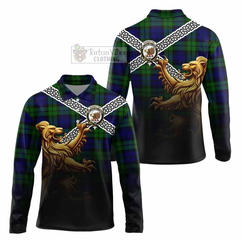 Tartan Vibes Clothing Bannatyne Crest Tartan Long Sleeve Polo Shirt with Golden Lion Emblem Celtic Style