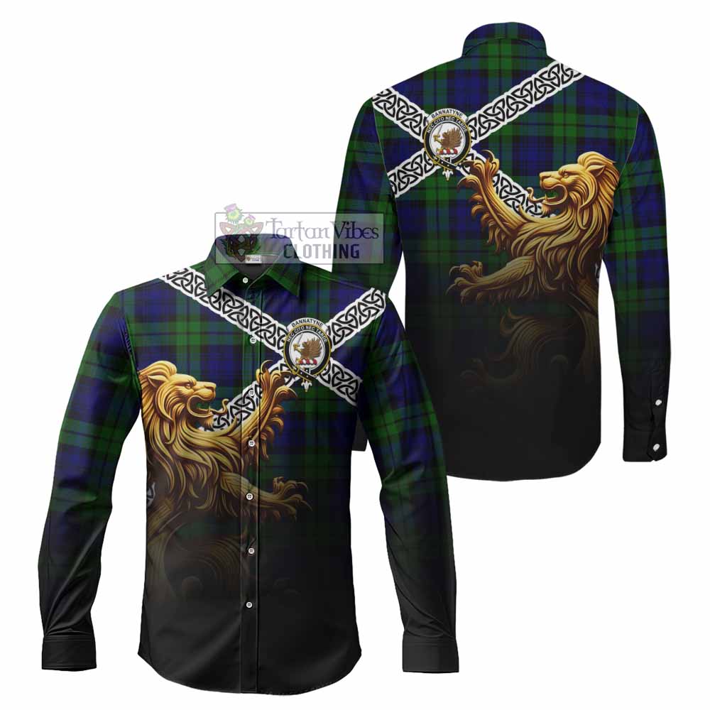 Tartan Vibes Clothing Bannatyne Crest Tartan Long Sleeve Button Shirt with Golden Lion Emblem Celtic Style