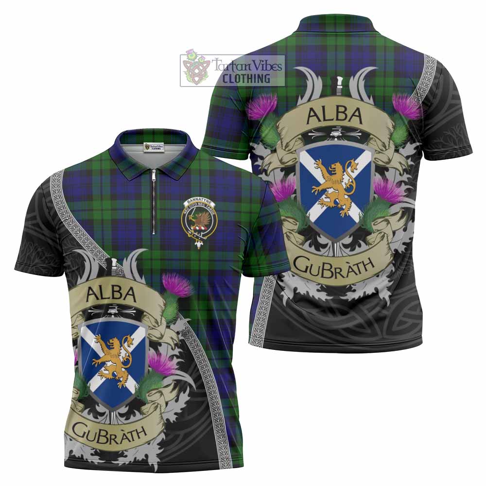 Tartan Vibes Clothing Bannatyne Tartan Family Crest Zipper Polo Shirt Lion Rampant Royal Thistle Shield Celtic Inspired