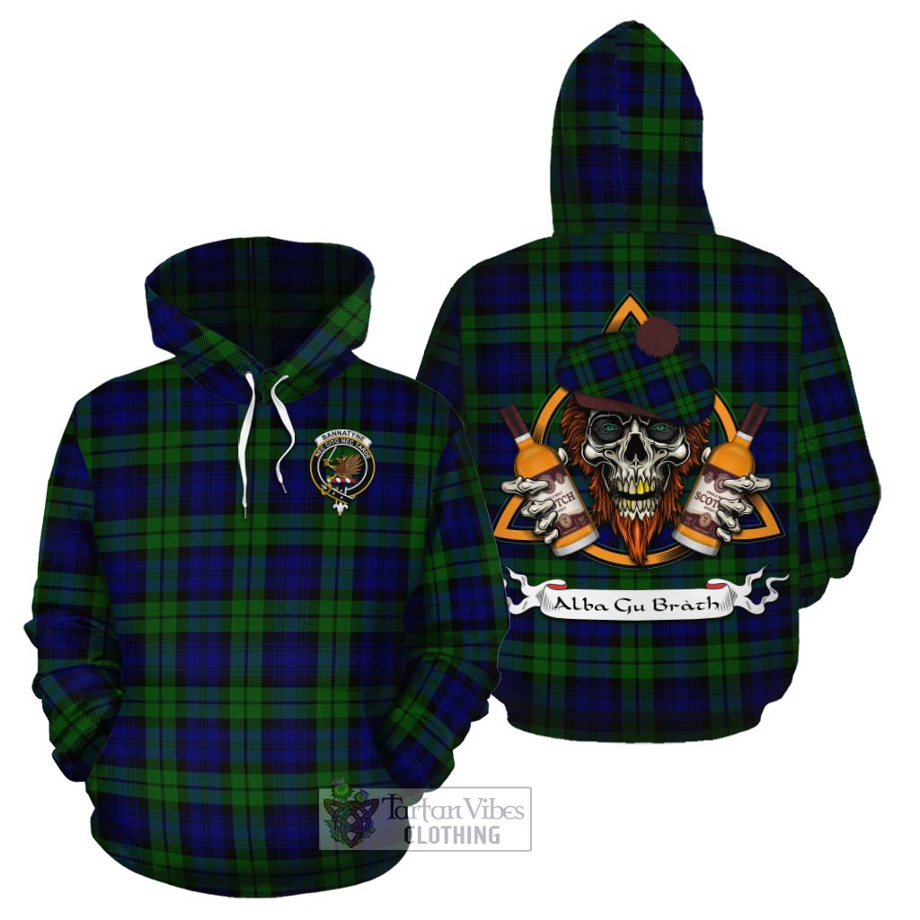 Tartan Vibes Clothing Bannatyne Tartan Cotton Hoodie with Family Crest and Bearded Skull Holding Bottles of Whiskey