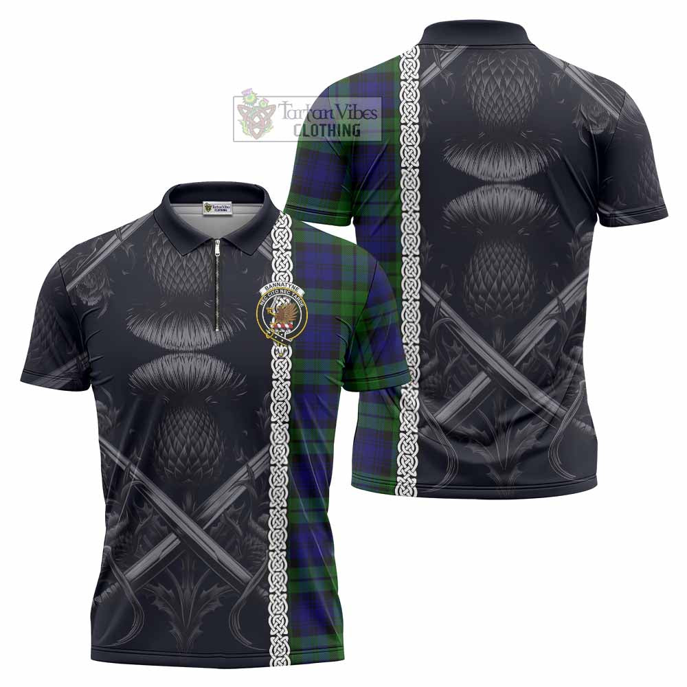 Tartan Vibes Clothing Bannatyne Tartan Zipper Polo Shirt with Family Crest Cross Sword Thistle Celtic Vibes