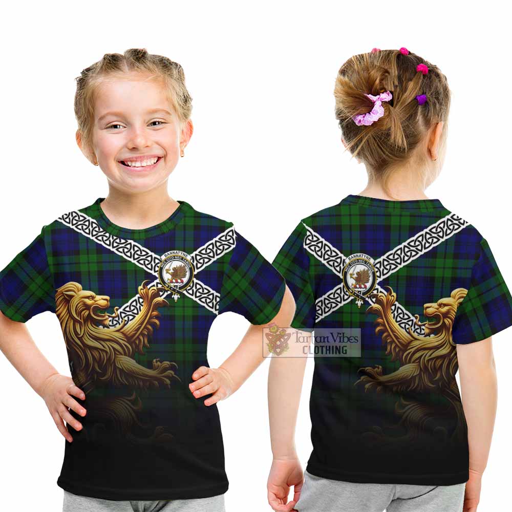 Tartan Vibes Clothing Bannatyne Crest Tartan Kid T-Shirt with Golden Lion Emblem Celtic Style