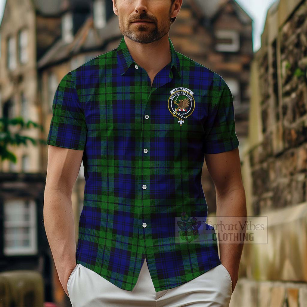 Tartan Vibes Clothing Bannatyne Tartan Short Sleeve Button Shirt with Family Crest and Bearded Skull Holding Bottles of Whiskey