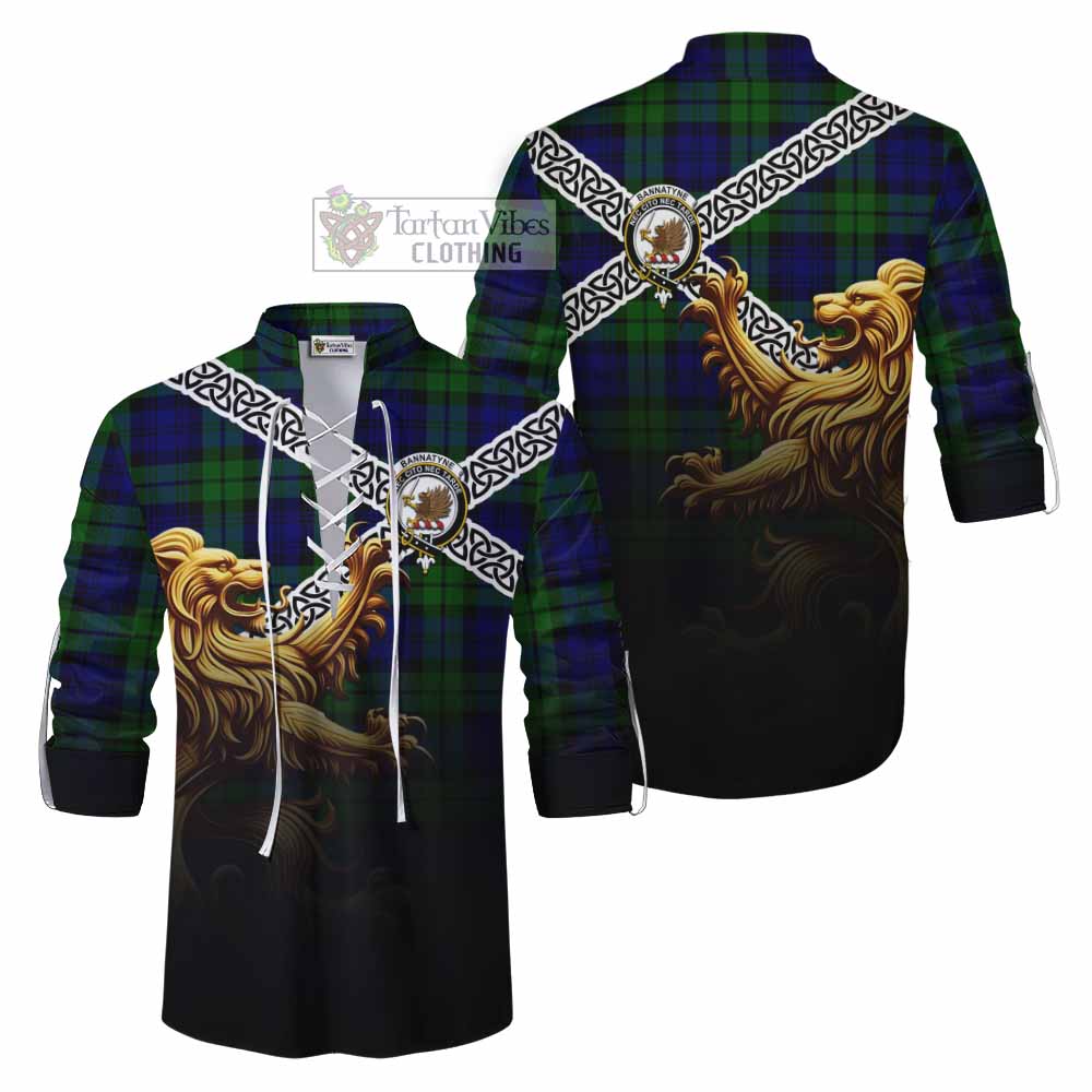 Tartan Vibes Clothing Bannatyne Crest Tartan Ghillie Kilt Shirt with Golden Lion Emblem Celtic Style