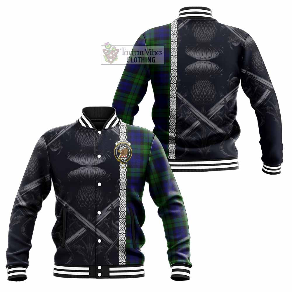 Tartan Vibes Clothing Bannatyne Tartan Baseball Jacket with Family Crest Cross Sword Thistle Celtic Vibes