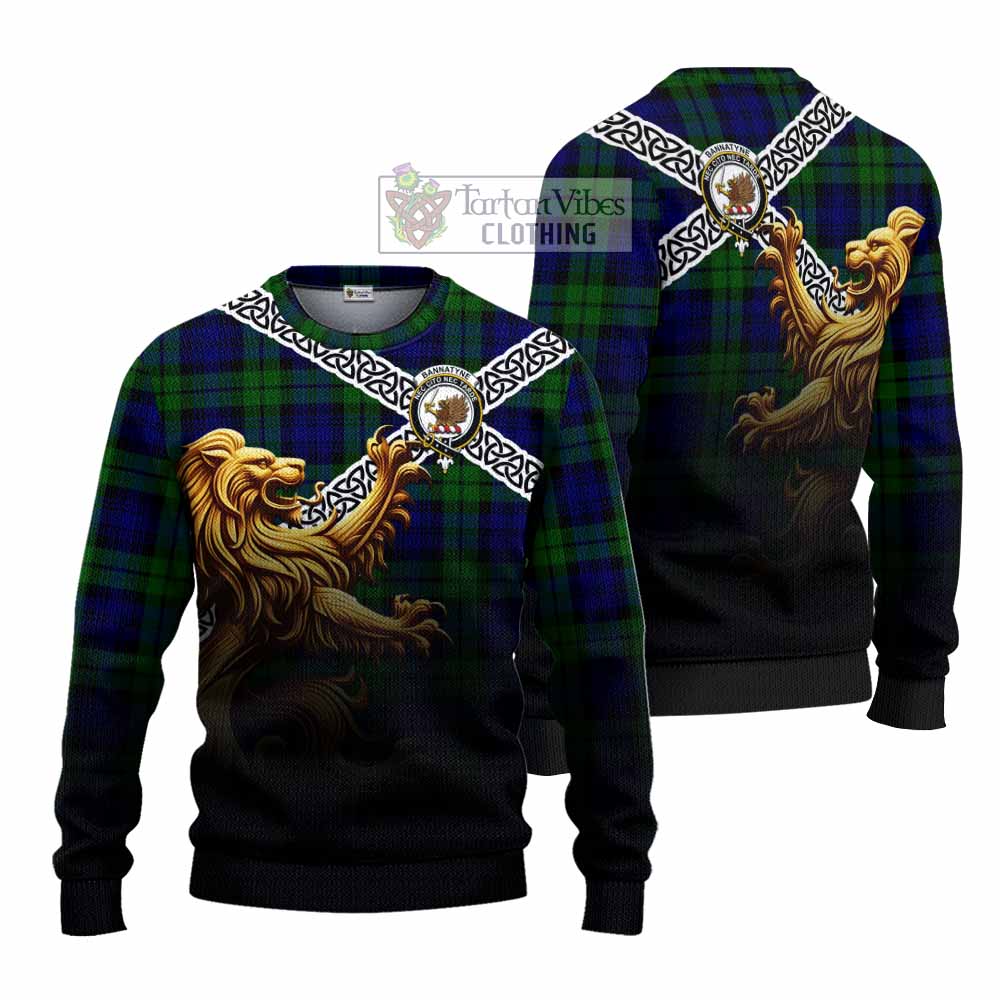 Tartan Vibes Clothing Bannatyne Crest Tartan Knitted Sweater with Golden Lion Emblem Celtic Style