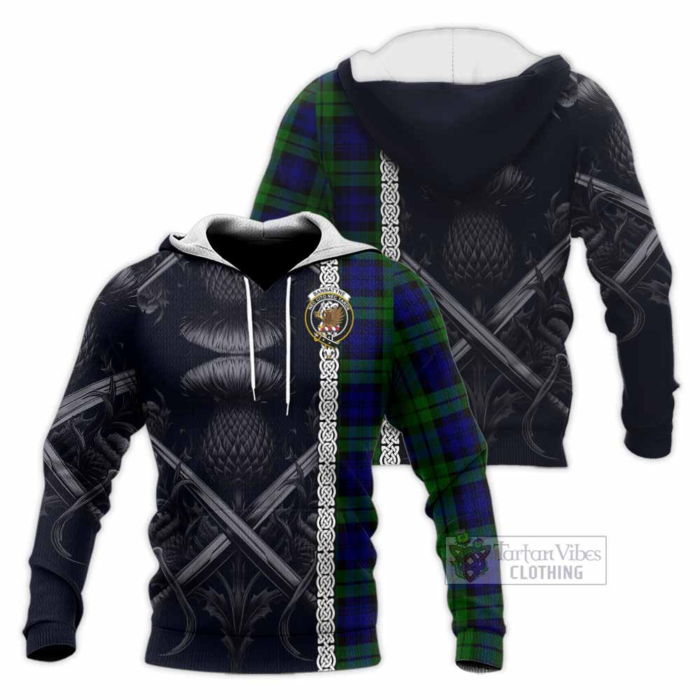 Tartan Vibes Clothing Bannatyne Tartan Knitted Hoodie with Family Crest Cross Sword Thistle Celtic Vibes