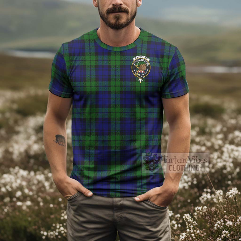 Tartan Vibes Clothing Bannatyne Tartan T-Shirt with Family Crest and Bearded Skull Holding Bottles of Whiskey