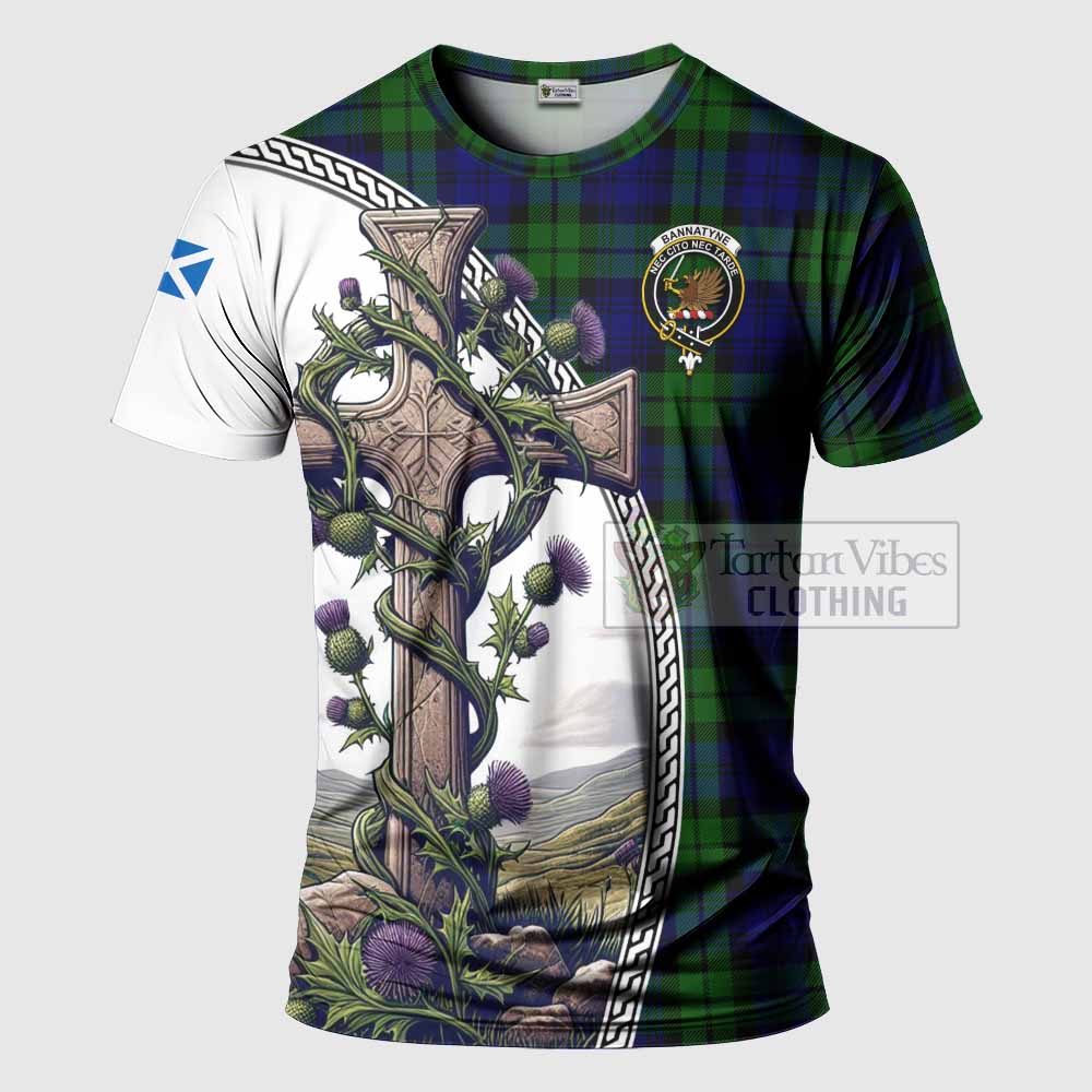 Tartan Vibes Clothing Bannatyne Agnew Tartan T-Shirt with Family Crest and St. Andrew's Cross Accented by Thistle Vines