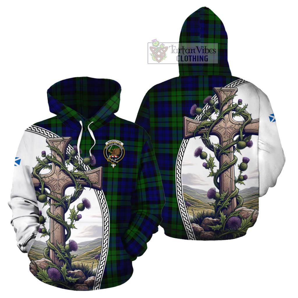 Tartan Vibes Clothing Bannatyne Tartan Cotton Hoodie with Family Crest and St. Andrew's Cross Accented by Thistle Vines