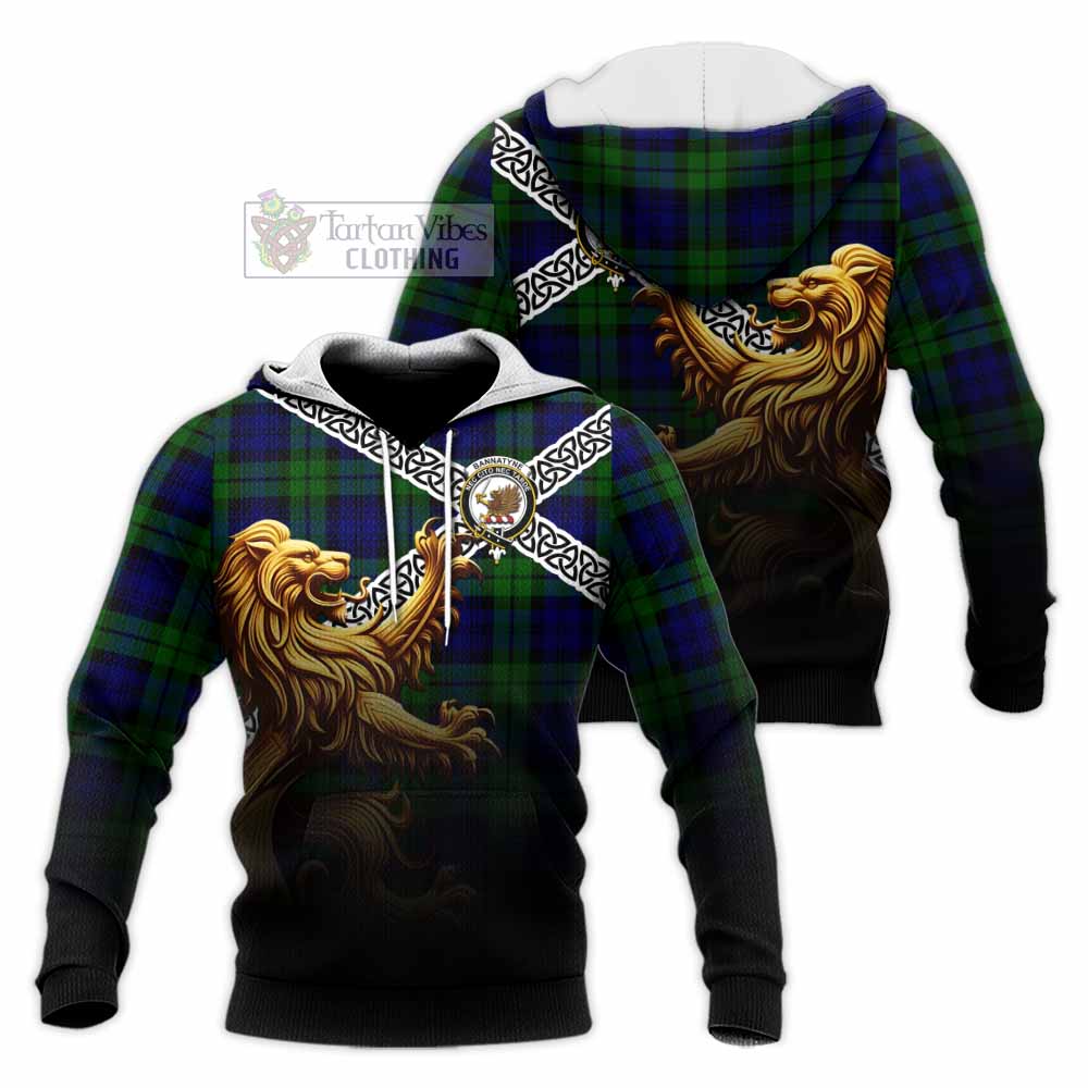 Tartan Vibes Clothing Bannatyne Crest Tartan Knitted Hoodie with Golden Lion Emblem Celtic Style