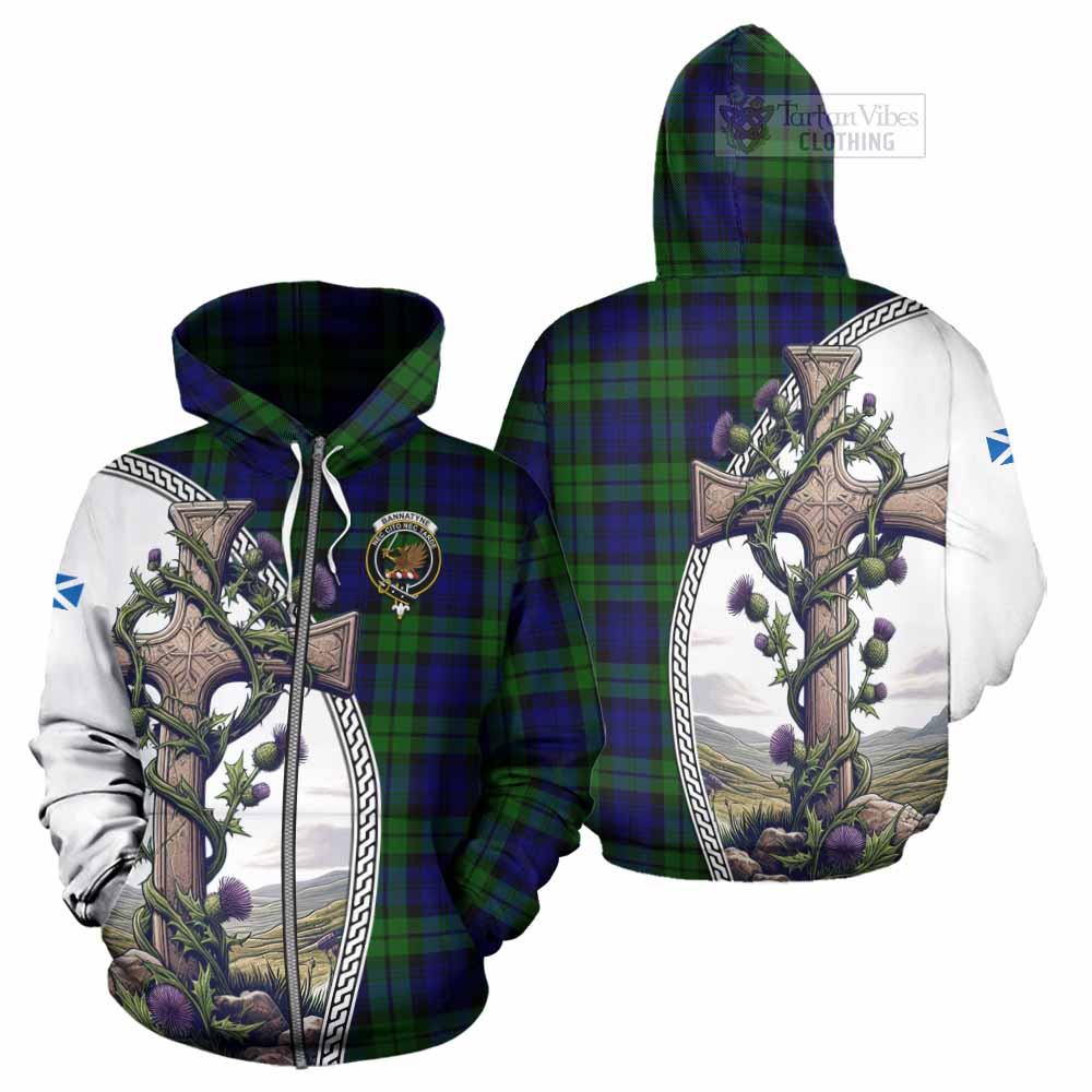 Tartan Vibes Clothing Bannatyne Tartan Hoodie with Family Crest and St. Andrew's Cross Accented by Thistle Vines