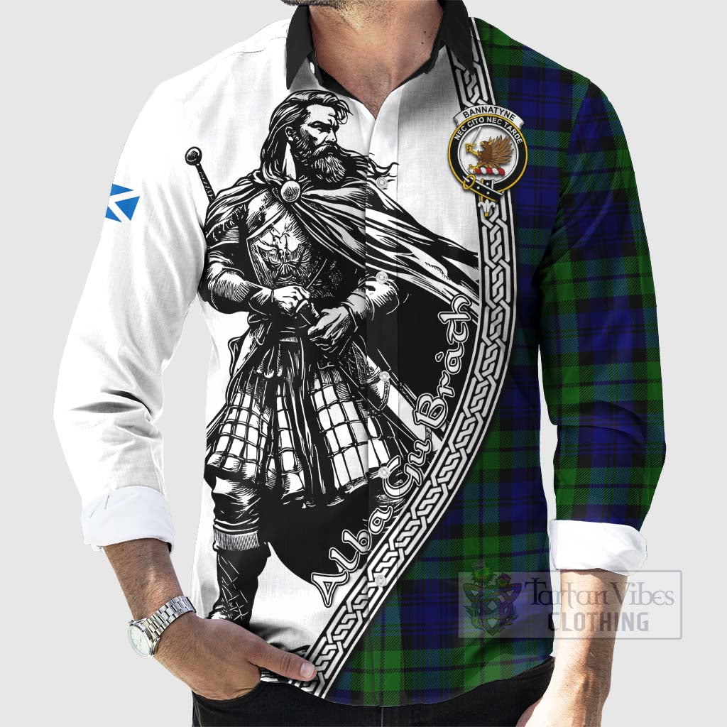 Tartan Vibes Clothing Bannatyne Tartan Clan Crest Long Sleeve Button Shirt with Highlander Warrior Celtic Style
