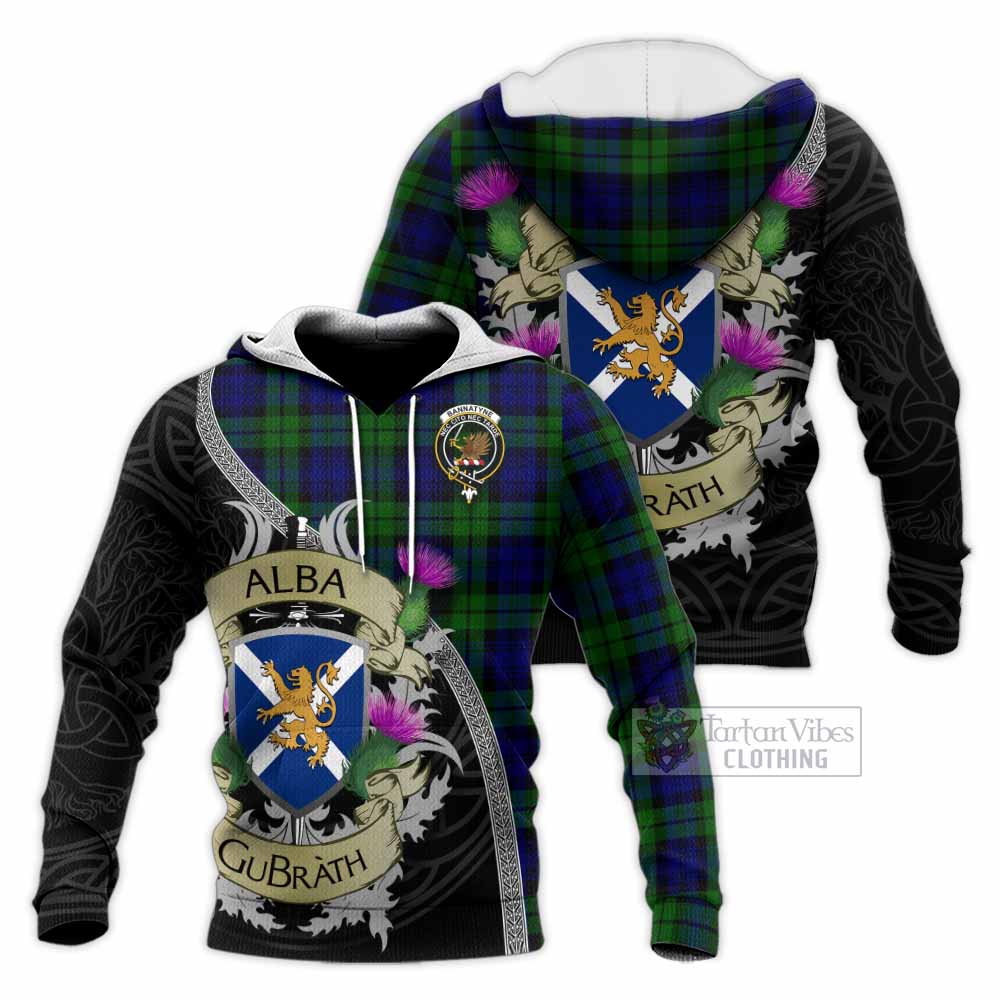 Tartan Vibes Clothing Bannatyne Tartan Family Crest Knitted Hoodie Lion Rampant Royal Thistle Shield Celtic Inspired